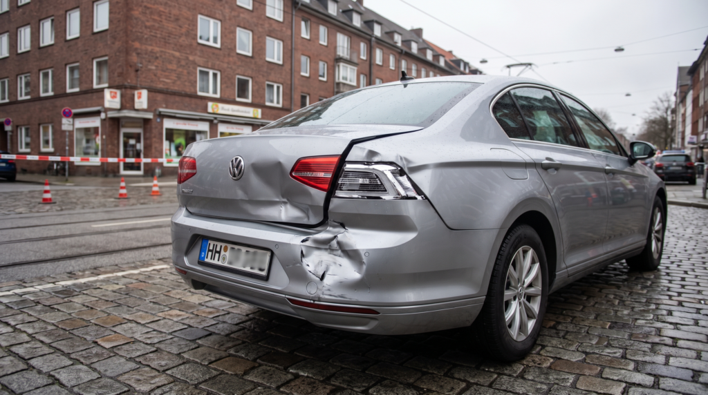 Kfz-Gutachter dokumentiert Unfallschaden am Fahrzeugheck in Hamburg